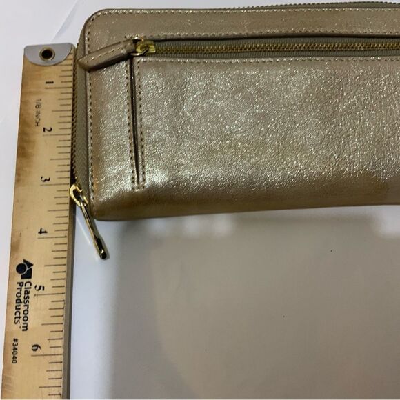 Fossil Gold Metallic Coated Leather Zip Around Wallet Clutch - Picture 9 of 10
